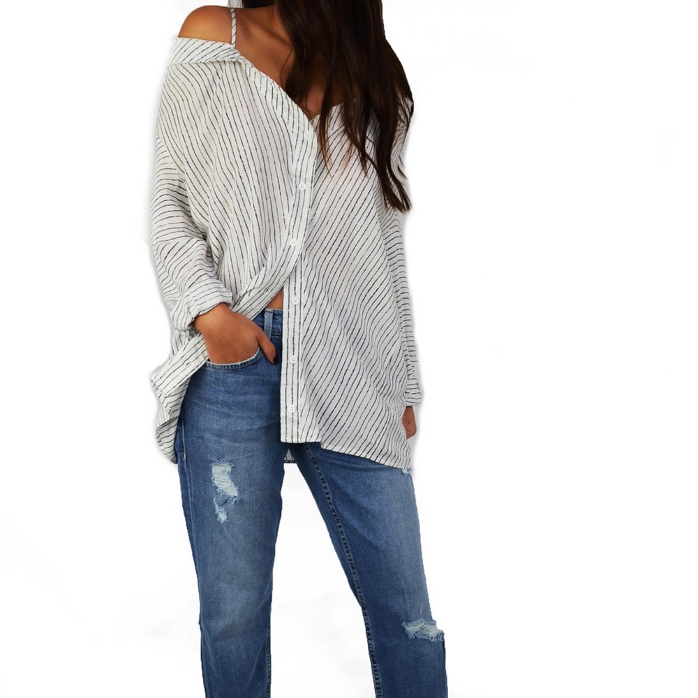Striped off the Shoulder Button up Blouse